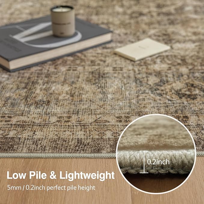 FMFUNCTEX 8x10 Washable Area Rug Brown Vintage Neutral Distressed Large Non Slip Carpet for Living Room Bedroom Soft Low Pile Indoor Mat Retro Floral Throw Rug for Dining Room Kitchen Office Nursery