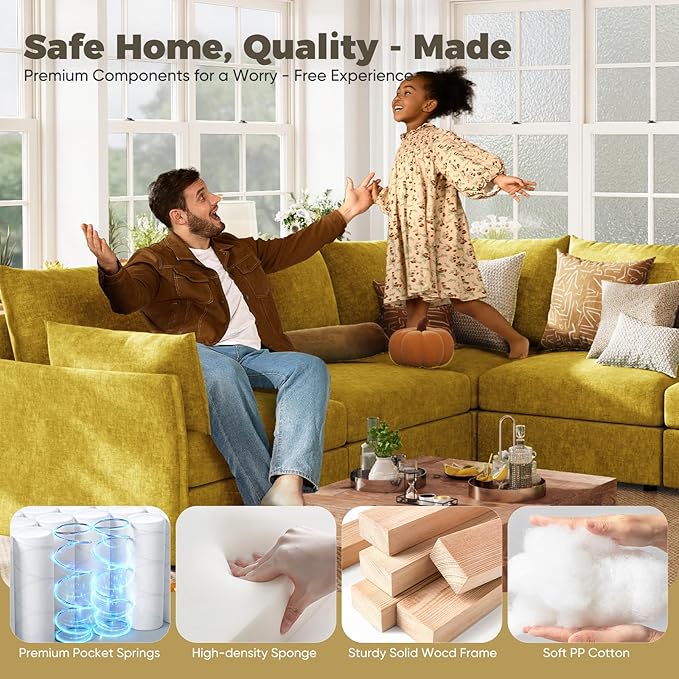 ABCASA 102.6" U Shaped Modular Sectional Sofa, 5 Seater Couch with Storage Ottoman Deep Seat and High Backrest with Removable Cover for Living Room, Apartment - Chenille Yellow
