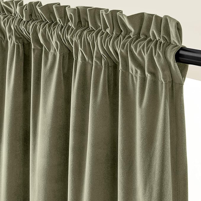 Lazzzy Velvet Blackout Curtains Thermal Insulated Room Window Drapes Super Soft Luxury Curtains for Living Room Bedroom Rod Pocket 2 Panels, Olive Sage, 52" W x 102" L