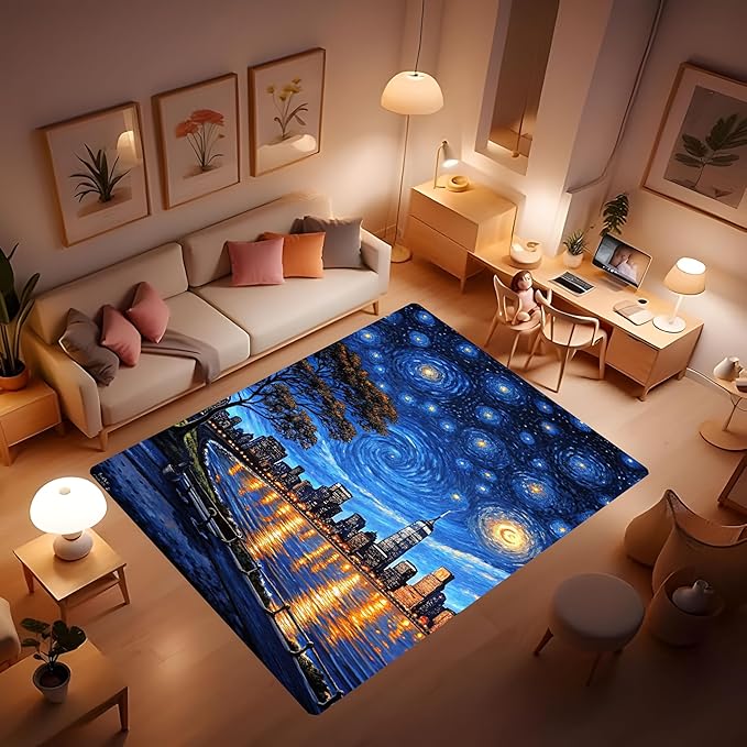 Machine Washable 2' x 3' Oil Painting-Style Area Rug, Bule Floor mat, Suitable for bedrooms, Girls' Room Bedside, Living Room, Dining Room, Office, Non-Slip Low-Pile Stars and Swirls Carpet