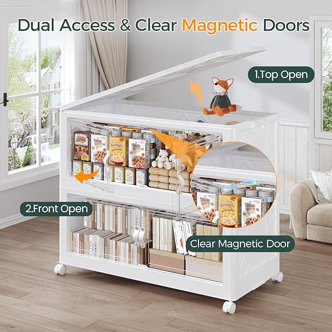 225Gal Stackable Storage Bins with Lid, 900Qt Extra Large Collapsible Storage Box with Doors and Wheels, Plastic Closet Organizer and Storage Cabinet Drawer for Home Kitchen, 5Pack White
