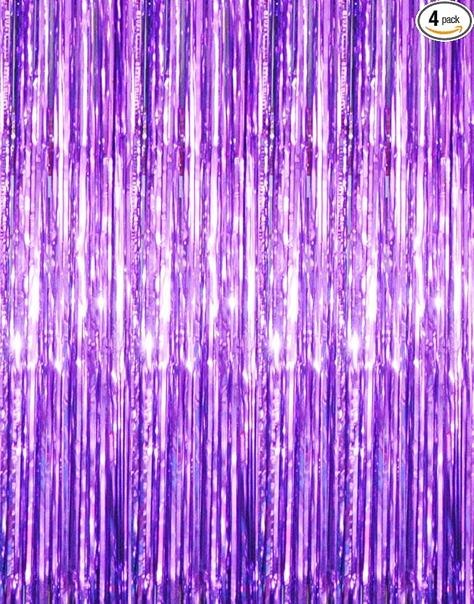 GOER 3.2 ft x 8.2 ft Metallic Tinsel Foil Fringe Curtains Party Photo Backdrop Party Streamers for Halloween Birthday,Graduation,New Year Eve Decorations Wedding Decor (4 Packs,Purple)