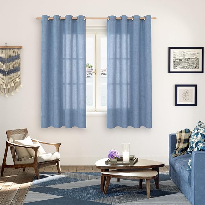 YoungsTex Blue Linen Curtains 63 Inch Length 2 Panels Set- Light Filtering Drapes with Bronze Grommet Privacy Ocean Decorative for Bathroom Living Room Window, 52 x 63 Inch