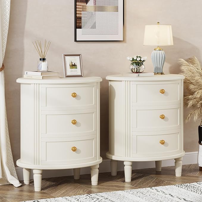 Tribesigns Nightstand with 3 Drawers, Set of 2, Oval Bed Side Table for Bedroom, Fully Assembled, Wooden Side End Table with Solid Wood Legs for Living Room, Beige White