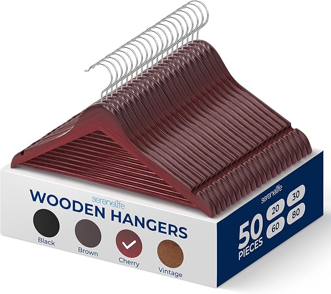 SereneLife 50-Pack Wooden Coat Hangers – Durable Suit Hangers with 360° Swivel Hook & Notches – Slim Design for Shirts, Jackets, Dresses, and More (Cherry)