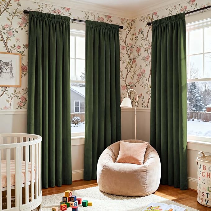 Lazzzy Velvet Blackout Curtains Thermal Insulated Room Window Drapes Super Soft Luxury Curtains for Living Room Bedroom Rod Pocket 2 Panels, Moss, 52" W x 90" L