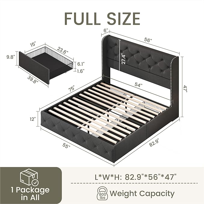 LARMACE Full Size Bed Frame with 4 Storage Drawers and Wingback Headboard Linen Upholstered Platform Bed Frame Tufted Beds with Wooden Slats Support, Easy Assembly, Dark Grey