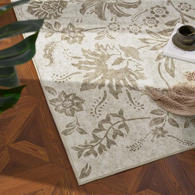 jinchan Torino Runner Rugs 3x8, Vintage-Inspired Floral Neutral Design Machine Washable Non-Slip Ultra-Thin Low-Pile Rubber Backing Traditional Rug for Kitchen Hallway Laundry Room Entryway Taupe