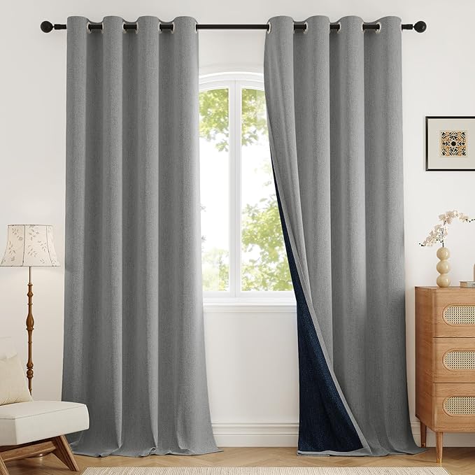100% Blackout Grommet Linen Curtains for Living Room, Linen-Look Textured Full Light Blocking Room Darkening Thermal Insulated Drapes for Bedroom 2 Panels (W52xL92, Grey)