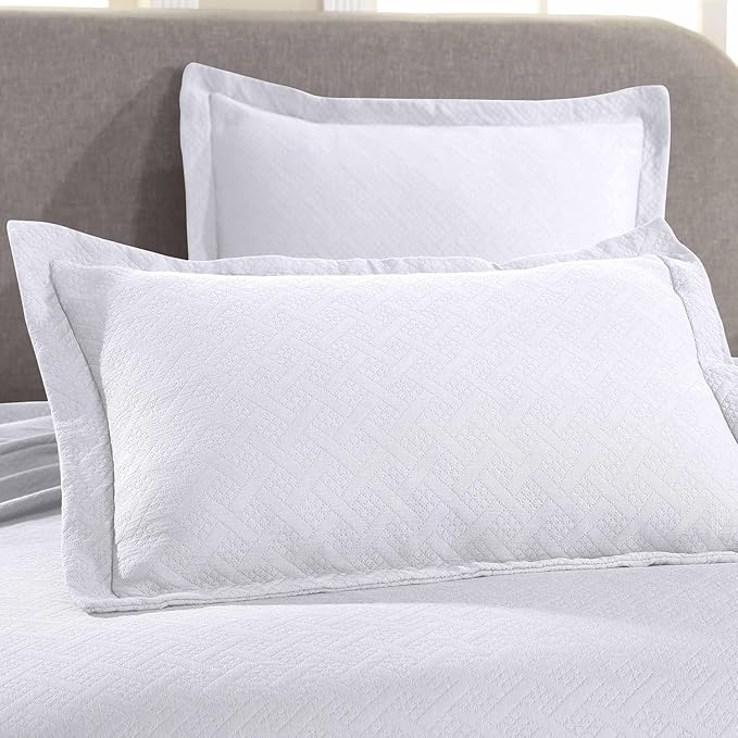Superior 100% Cotton Basket Weave Bedspread with Shams, All-Season Premium Cotton Matelasse Jacquard Bedding, Quilted-Look Geometric Basket, Twin, White