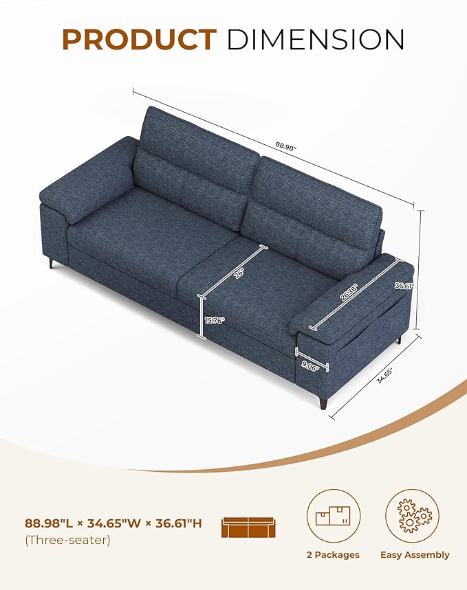 88.97" Modern Sofa Couch for Living Room, Deep Seat Sofas with 8”Cushion, Comfy 2-Seater Chenille Loveseat with Convertible Armrest, Removable Sofa Cover, High Leg (Blue)