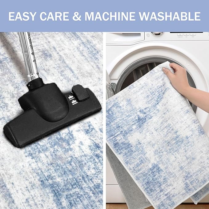 IOHOUZE Abstract Runner Rug 3x10 Ft Washable Runners for Hallways, Non Slip Kitchen Runner Printed Faux Wool Entryway Runner Indoor, Modern Abstract Floor Carpet for Hall Bedroom, Light Blue White