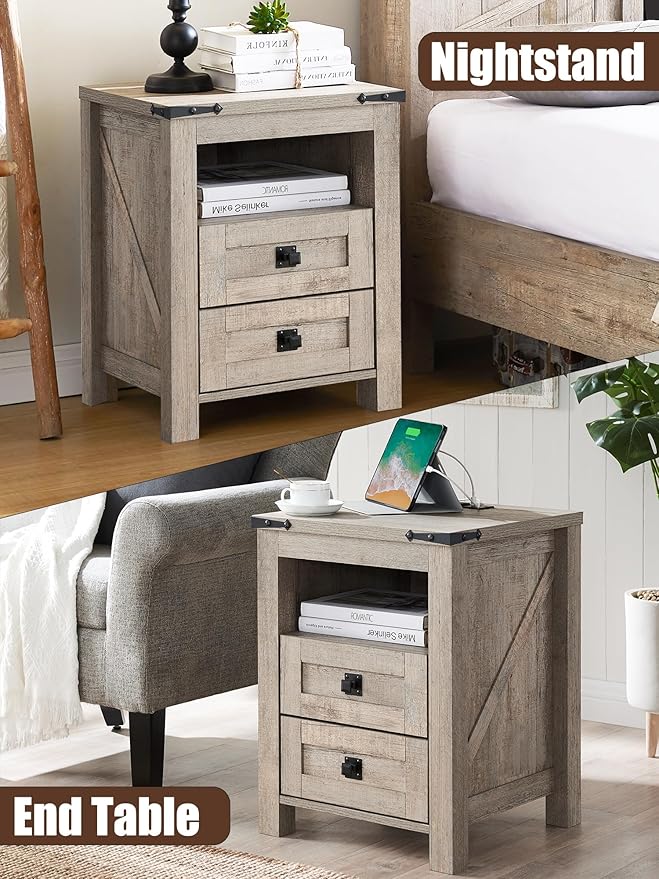 T4TREAM Farmhouse Nightstand Set of 2 with Charging Station, Rustic End Table with 2 Drawers, Storage Open Shelf for Bedroom, Living Room, Wood Side Table, Light Rustic Oak