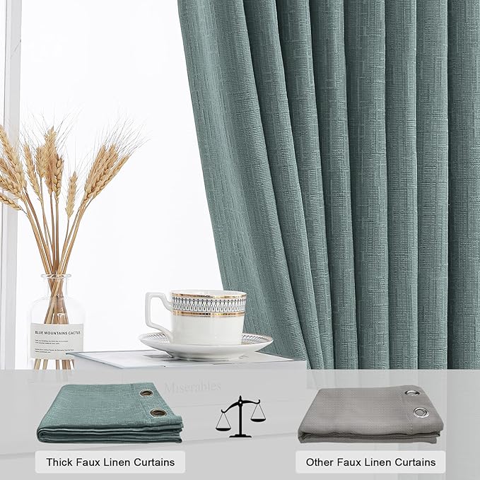 Jacquard Linen Curtains 63 inch Length 2 Panels Thick Faux Linen Blended Window Drapes Burlap Textured Curtains with Grommet for Living Room Bedroom Farmhouse (42x63 Lake Blue) Natural
