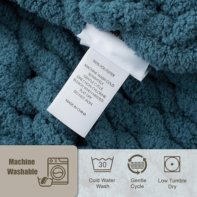 Chunky Knit Throw Blanket 60"X 80", 100% Handmade with Soft Chenille Yarn, 6.7lbs Thick Cable Knitted Blankets, Large Rope Knot Crochet Throws for Couch Sofa Bed Home Decor, Mineral Blue