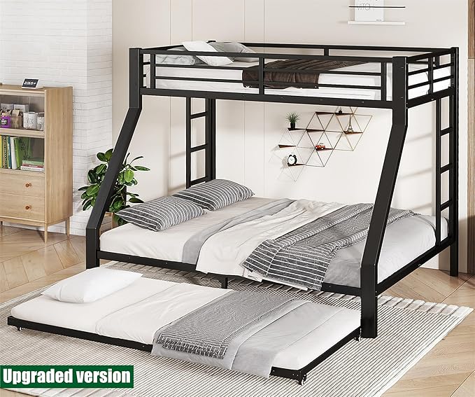 Higher Quality & Stronger Heavy Duty Metal Bunk Bed Frame Twin XL Over Queen Size with Twin Size Trundle for Adults Teens, Thickened More Stable Steel Bunkbed