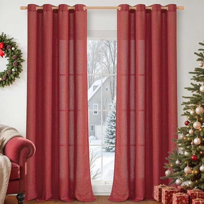 YoungsTex Red Linen Curtains 95 Inch Length for Living Room, Extra Long Light Filtering Drapes with Bronze Grommet Privacy for Dining Bedroom, 52 x 95 Inch, 2 Panels