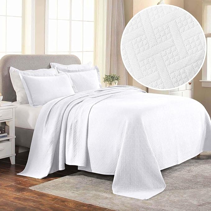 Superior 3 Piece Basketweave Cotton Bedspread Set, Home Bed Decor, Decorative Bed Spread, 2 Pillow Shams, Medium Weight Blanket, Matelasse Coverlet Bedding, Geometric Lattice Pattern, Full, White
