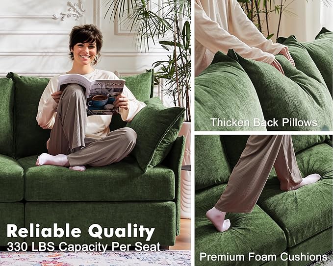 ABCASA Oversized Loveseat Sofa, Modern Modular Sectional Couch Green Fluffy Chenille Mid Century 2-Seat 24.5" Deep Seat for Apartment, Living Room, Bedroom