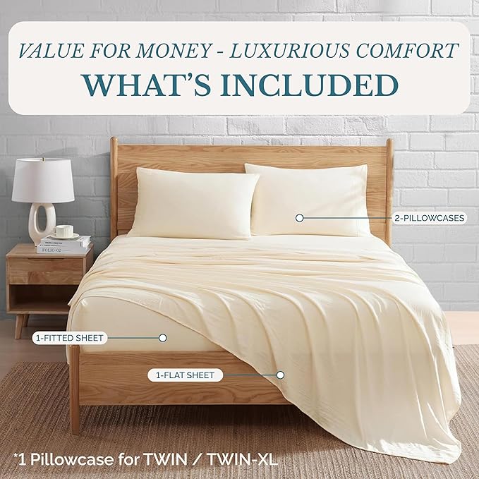 Casa Platino Queen Sheets Set, Soft & Cozy Bed Sheet Set for Queen Size Bed, 4 Piece Pre-Washed Microfiber Sheets with Deep Pocket Fitted Sheet, Breathable & Lightweight Everyday Bedding – Ivory