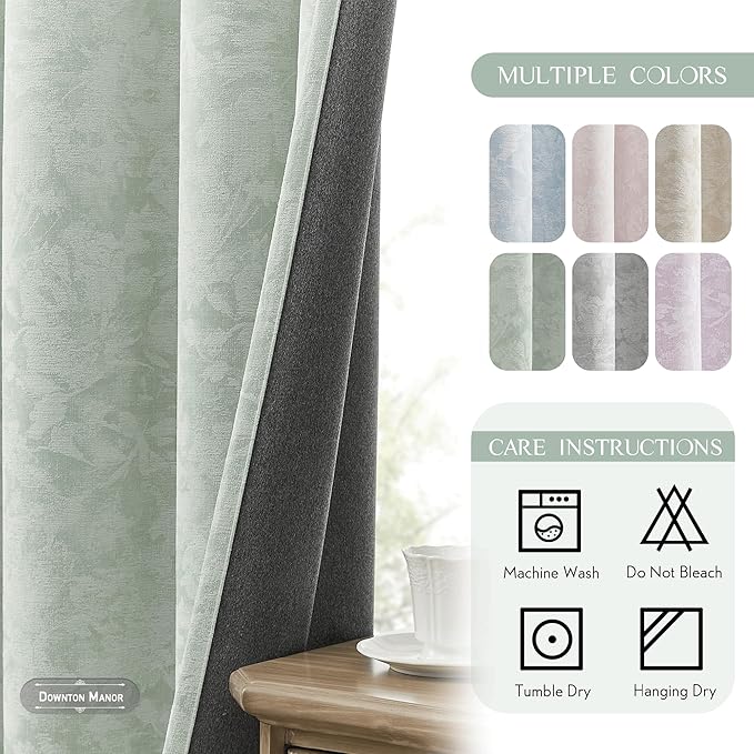 Beauoop Green Floral Jacquard Blackout Curtains 108 Inches Long 2 Panels for Bedroom Living Room Sage Flower Chenille Room Darkening Thermal Soundproof Grommet Window Treatments Drapes, 52x108
