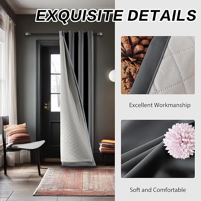 Noise Canceling Curtains Soundproof 3-in-1 Grommet Full Blackout Curtains for Bedroom Living Room 1 Panel（Grey,50x96 Inches）
