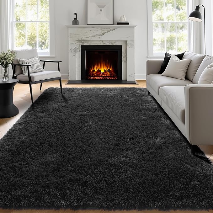 PAGISOFE Black Fluffy Shag Area Rugs for Bedroom 5x7, Soft Fuzzy Shaggy Machine Washable Rugs for Living Room,Plush Nursery Rug Kids Room Furry Floor Rug Boys Carpet for Teen Dorm Black Room Decor