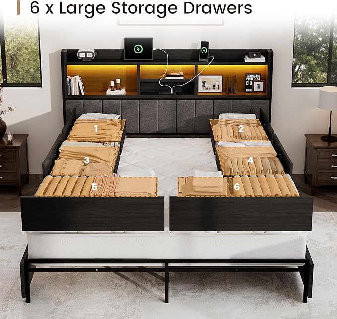 King Bed Frame with 6 Storage Drawers, Linen Upholstered Headboard, Built-in USB Charging Station & LED Lighting, Silent Metal Support, No Box Spring Needed, Vintage Black