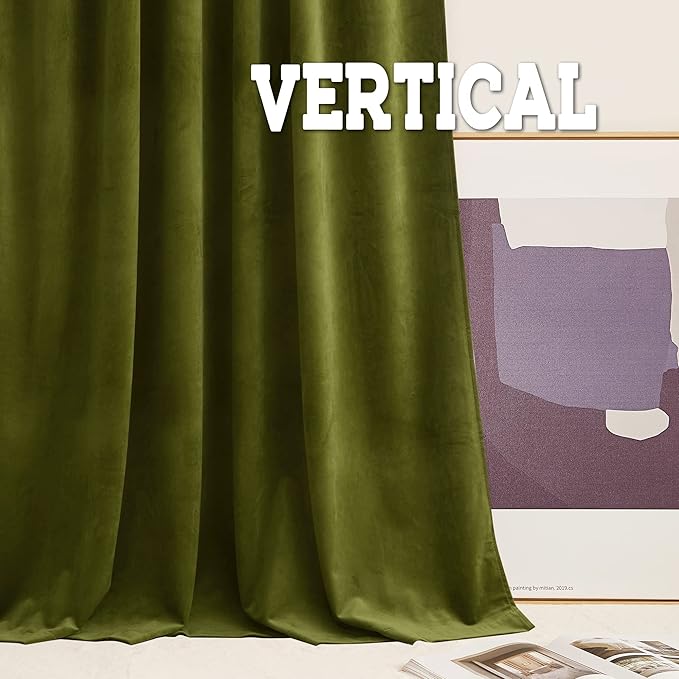 RYB HOME Moss Green Velvet Curtains 94 inches, Back Tab Soft Fabric Room Darkening Thermal Insulated Luxurious Home Decor Curtains for Living Room Bedroom, W 52" x L 94", 2 Panels Set