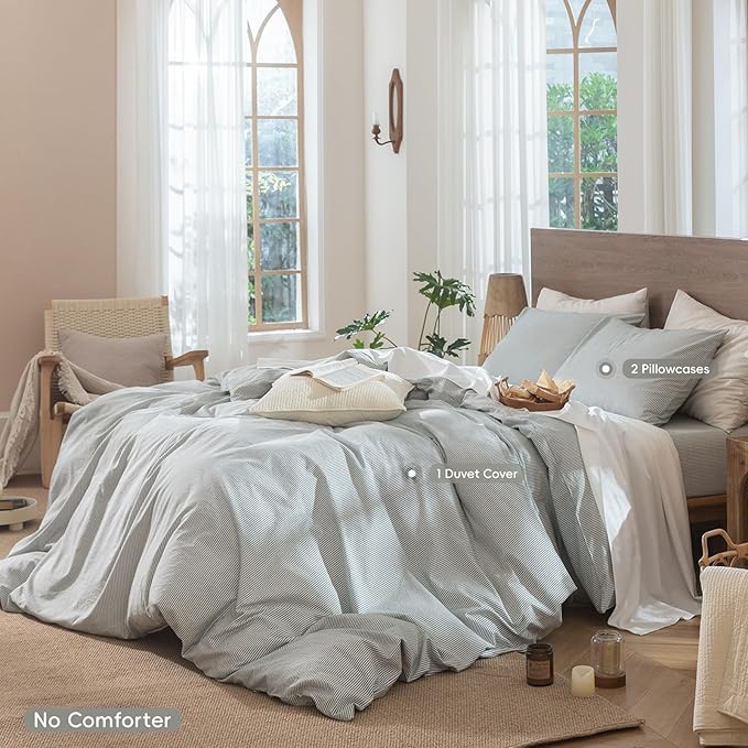 MooMee Striped Duvet Cover Set 100% Washed Cotton Linen Like Textured Breathable Durable Soft Comfy (Heathered Green Pinstripes, Palatial King/Oversized King 120"x98")