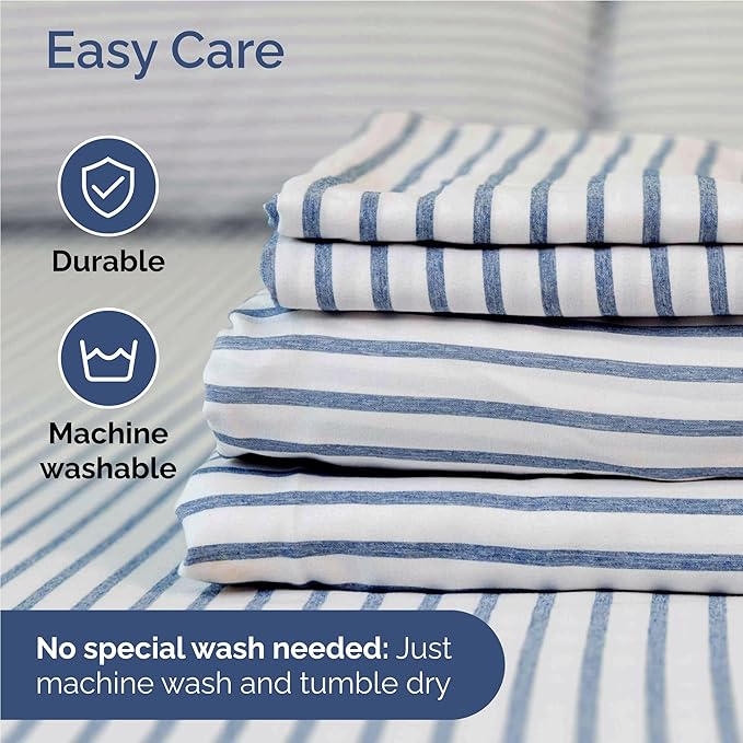 Full 6 Piece Sheet Set - Cooling, Comfy & Breathable - Hotel Luxury Bedding, Includes Fitted Sheet for Women, Men, Kids & Teens - 1 Flat, 1 Fitted Sheet, 4 Pillowcases w/Deep Pockets - Blue Stripes
