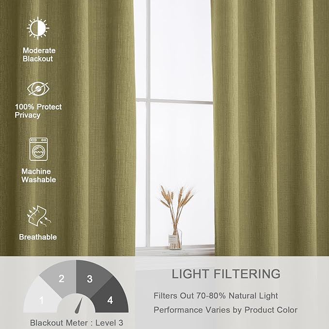 Jacquard Linen Curtains 84 inch Length 2 Panels Thick Faux Linen Blended Window Drapes Burlap Textured Curtains with Grommet for Living Room Bedroom Farmhouse (52x84 Olive Green) Natural