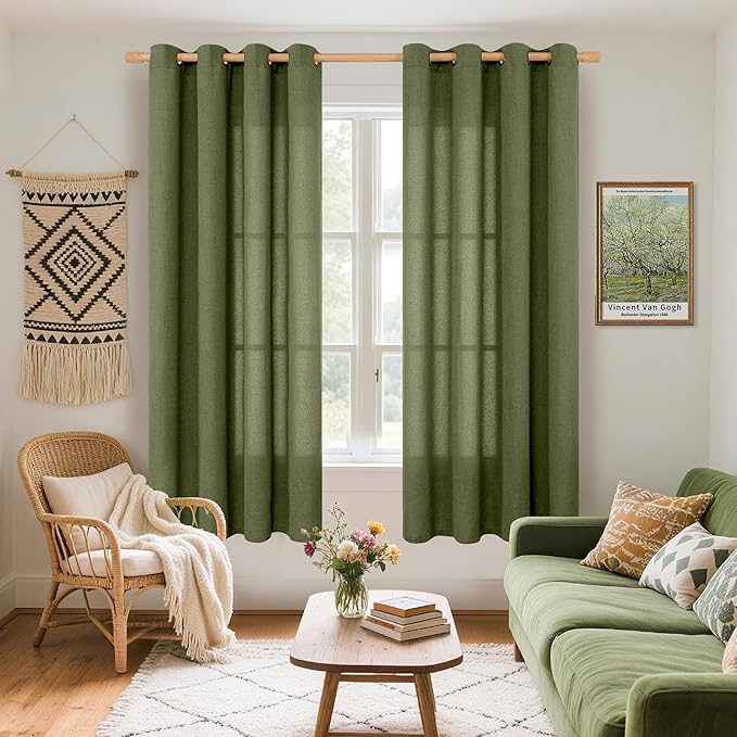 YoungsTex Olive Green Linen Curtains 63 Inch Length 2 Panels for Living Room, Semi Sheer Drapes Light Filtering with Bronze Grommet Textured Privacy for Office Bedroom, 52 X 63 Inch