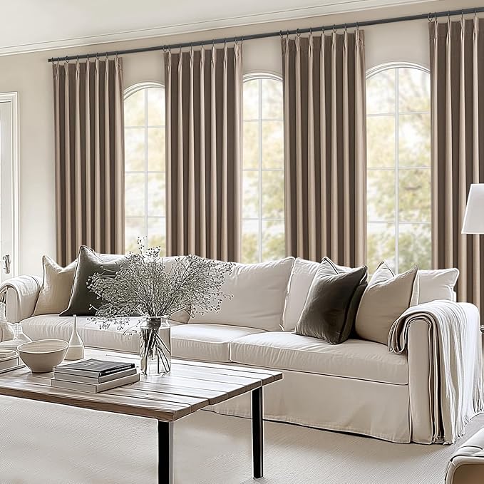 Topfinel Extra Long Total Blackout Linen Curtains 120 Inches Long for Living Room Large Window with Hooks Rings, Pinch Pleated Cold Blocking Acoustic Heavy Taupe Track Curtains 2 Panels 10 FT