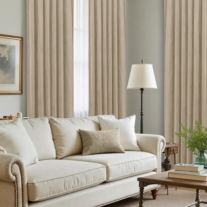 LAMIT Taupe Velvet Curtains 120 Inch for Living Room, Thick Thermal Insulated Room Darkening Drapes Super Soft Elegant Back Tab and Rod Pocket Panels for Sliding Glass Door, 2 Panels, 52 x 120 Inch