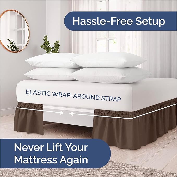 Wrap Around Dust Ruffle Bed Skirt - Brown - for Queen Size Beds with 12 Inch Drop - Easy Fit Elastic Strap - Adjustable Pleated Bedskirt w/Brushed Fabric - Wrinkle Free - for Women, Men, Kids & Teens