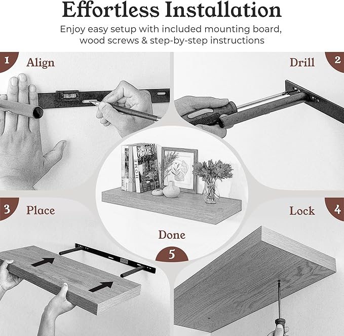 Floating Shelves for Wall, 9.3" Deep Wall Mounted Wood Shelves for Bathroom, Bedroom, Living Room, Kitchen, Hanging Shelf for Books/Storage/Room Decor (White, 48")