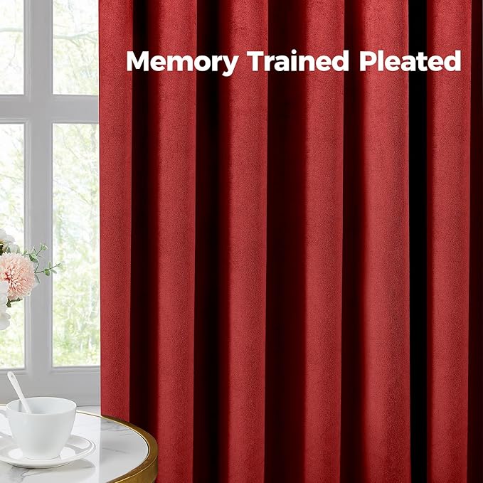 Pinch Pleated 100% Blackout Curtains for Bedroom, Red Velvet Curtains for Living Room, Black Out Curtain 102 inch Long Room Darkening, Blackout Pinch Pleat Drapes with Hooks 2 Panels