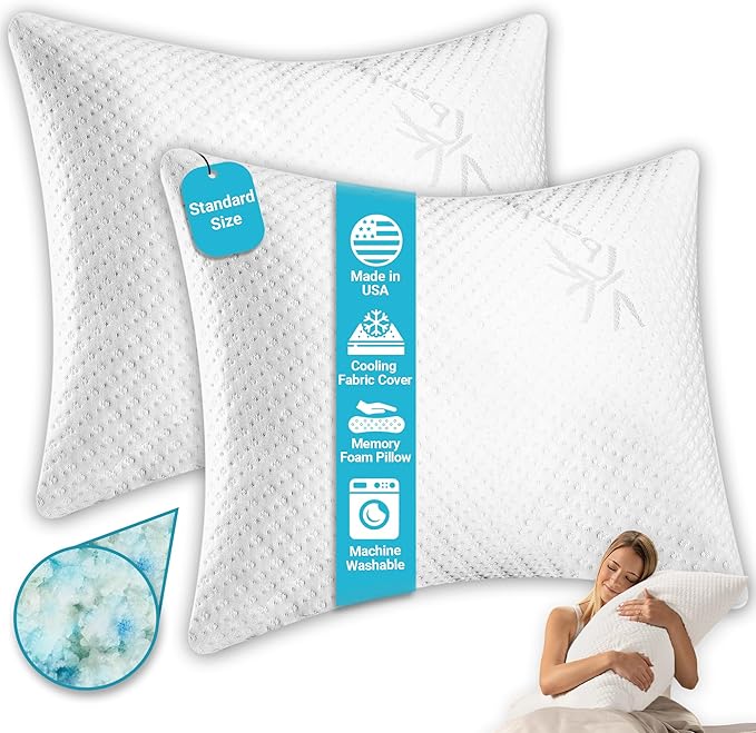 Xtreme Comforts 2-Pack Memory Foam Pillows Made in The USA - Standard Size, Slim Cooling Pillow for Sleeping on Side, Back & Stomach - Firm and Soft Bed Pillows