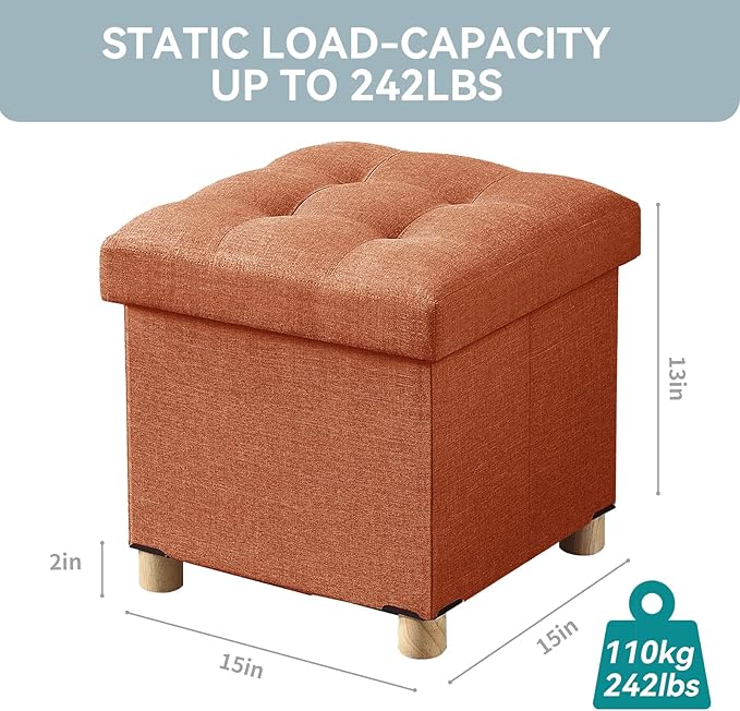 BRIAN & DANY Ottoman with Storage, Small Storage Ottoman for Dorm, Linen Folding Ottoman Foot Stool with Legs for Living Room and Bedroom, 15"x15"x15" - Orange