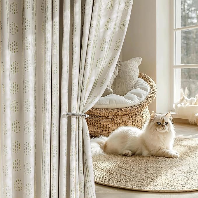 100% Boho Blackout Curtains 96 Inches Long for Bedroom, Green on Beige Patterned Bohemian Curtains for Living Room, Geometric Striped Thermal Insulated Window Drapes Gromment Top 2 Panels