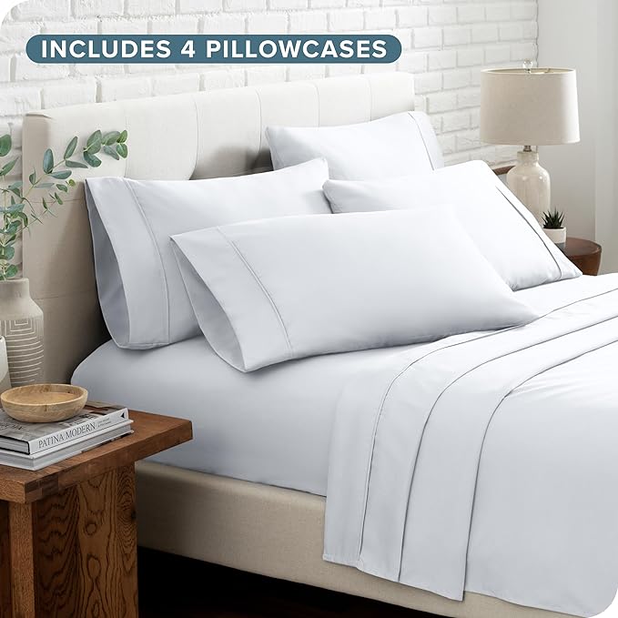 Bare Home Hotel Luxury Split King Sheet Set, Extra Soft - 7 Piece Set - Deep Pockets - Easy Fit - Cooling & Breathable - Wrinkle, Fade, Stain Resistant - Includes 4 Pillowcases (Split King, White)