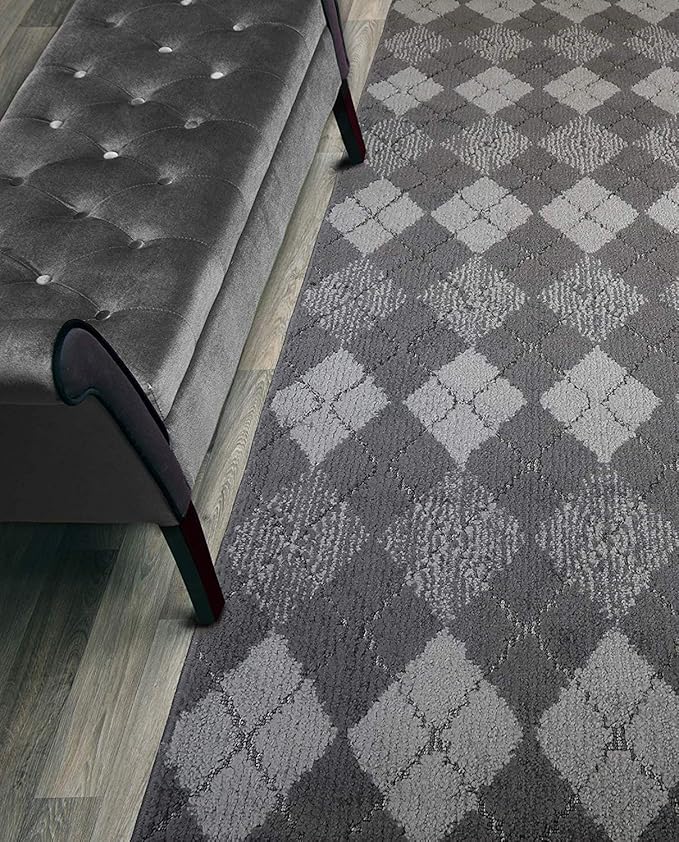Custom Length Hallway Runner Rug,Slip Resistant,Squares Anthracite, 26 Inch X 35 feet, Sold and Priced Per Foot