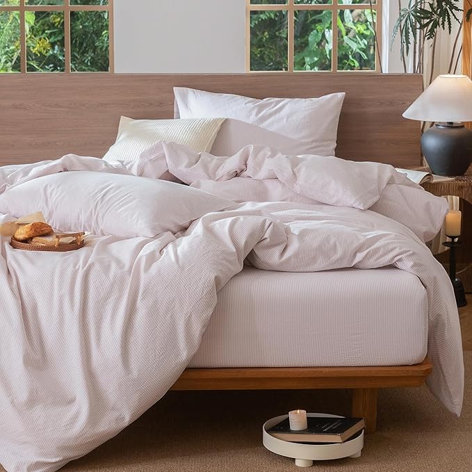MooMee Striped Duvet Cover Set 100% Washed Cotton Linen Like Textured Breathable Durable Soft Comfy (Heathered Greyish Pink Pinstripes, Full 80"x90")