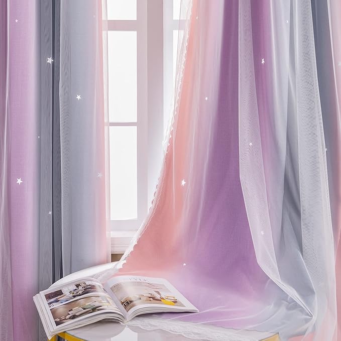 XiDi Curtains for Bedroom Decor, Rainbow GreyPinkPu-52-96
