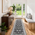 3x12 Machine Washable Floral Rugs: Long Runner Rugs for Hallways Non Slip Waterproof Carpet Runner Soft Vintage Low Pile Floral Rug for Kitchen Bedroom Bathroom Dining Living Room Black White