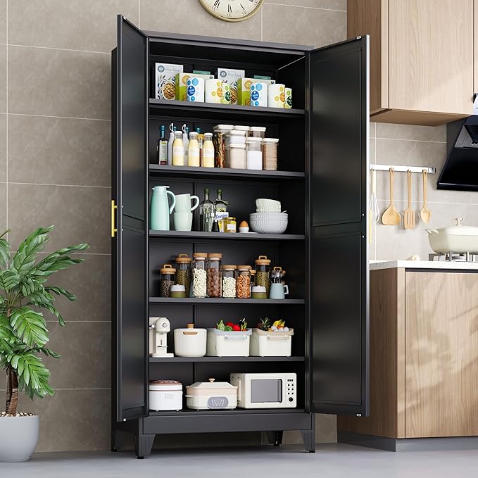 Kitchen Pantry Storage Cabinet with Doors and Adjustable Shelves, Metal ClosetMaid Food Pantry Cabinets, 75" Tall Freestanding Cupboard for Kitchen, Laundry or Utility Room, Black