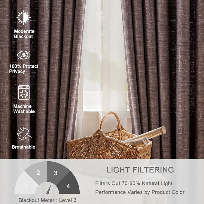 Jacquard Linen Curtains 63 inch Length 2 Panels Thick Faux Linen Blended Window Drapes Burlap Textured Curtains with Grommet for Living Room Bedroom Farmhouse (42x63 Fashion Purple) Natural