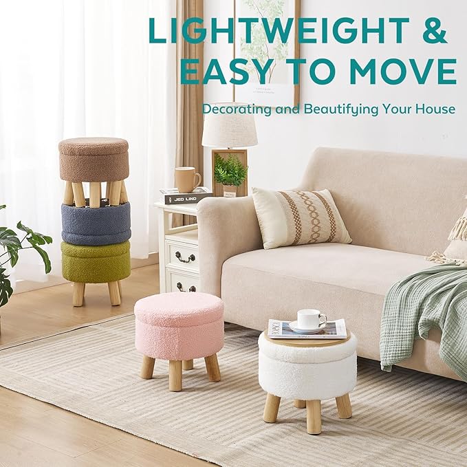 FIMIVIBI Small Foot Stool Ottoman with Storage, Sherpa Ottoman Foot Rest for Couch, Round Footstool with Storage, Small Ottomans and Footstools for Living Room and Entryway (Bright Green)