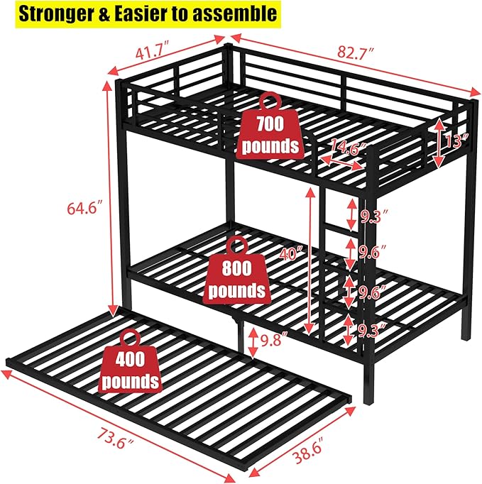 Higher Quality & Stronger Heavy Duty Metal Bunk Bed Frame Twin XL Over Twin XL Size with Twin Size Trundle for Adults Teens, Thickened More Stable Steel Bunkbed
